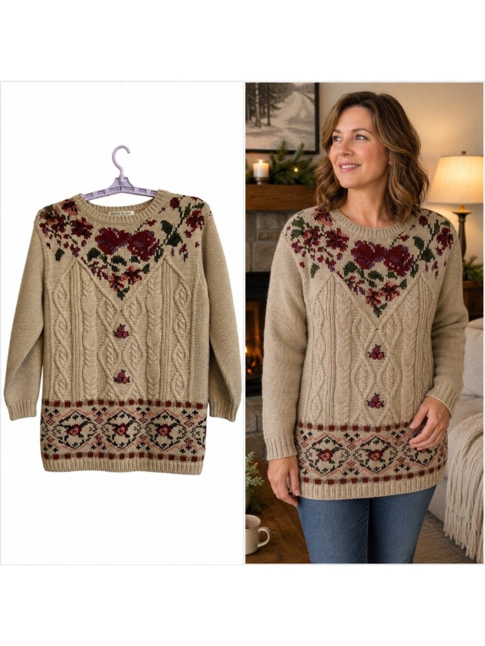 VNTG Chrysantheme Hand Knit Floral Cable Women's Sweater SZ M Ramie Cotton Cabin